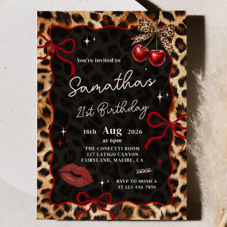 Convite de Aniversário Cerejas Leopardo Guepardo