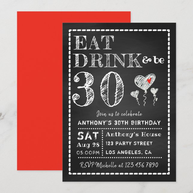 Convite de Aniversário Chalkboard para Qualquer Id (Frente/Verso)