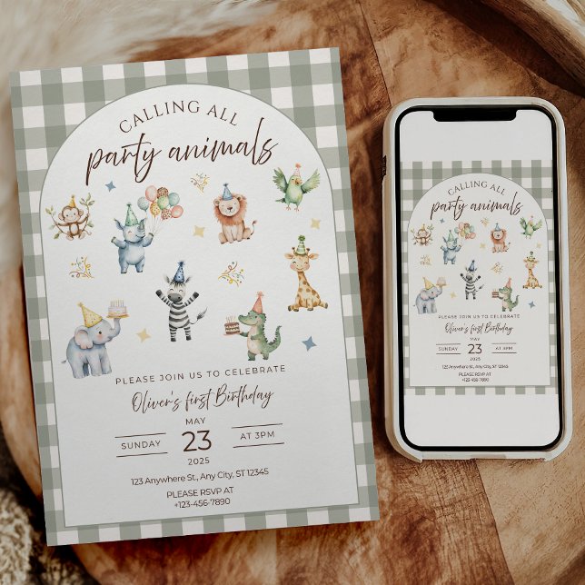 Convite de Aniversário Chamando Todos os Animais d (Wild One first birthday parties
Safari birthday celebrations
Jungle animal themed birthdays
Baby boy)