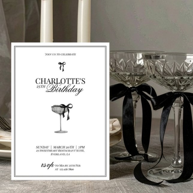 Convite de Aniversário Champagne com Laço Preto Mo (Criador carregado)