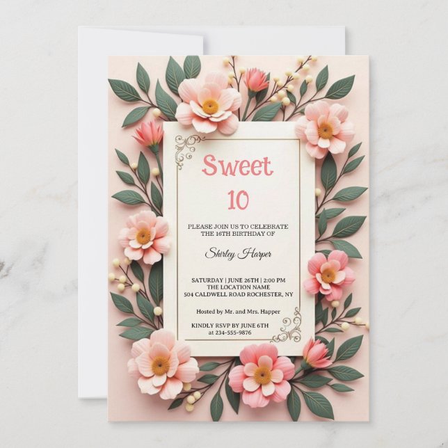 Convite de Aniversário Chic Blush Rosa Floral Doce (Frente)
