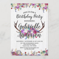 Convite de aniversário Chic Floral Deer Antler
