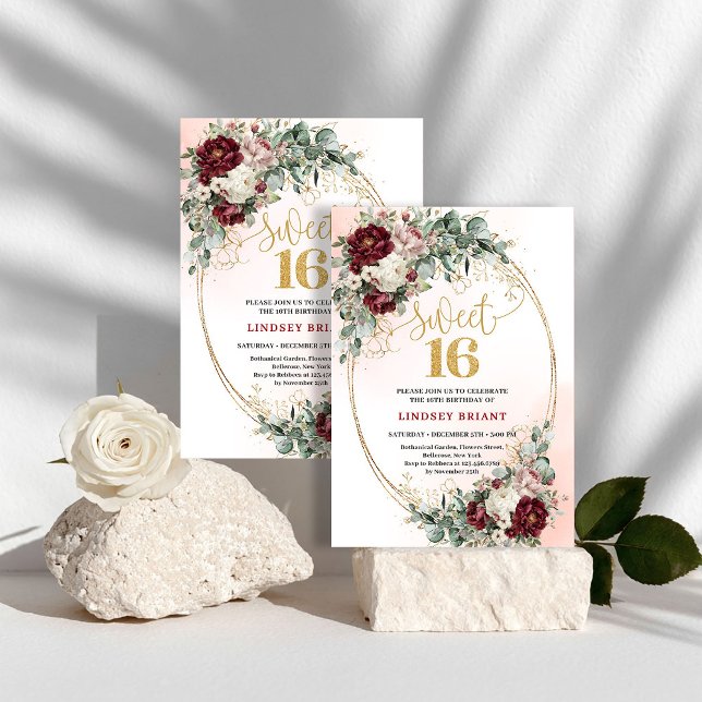 Convite de Aniversário Chic Marrom Floral Dourado  (Chic Maroon Floral Gold Sweet 16 Birthday Invitation)