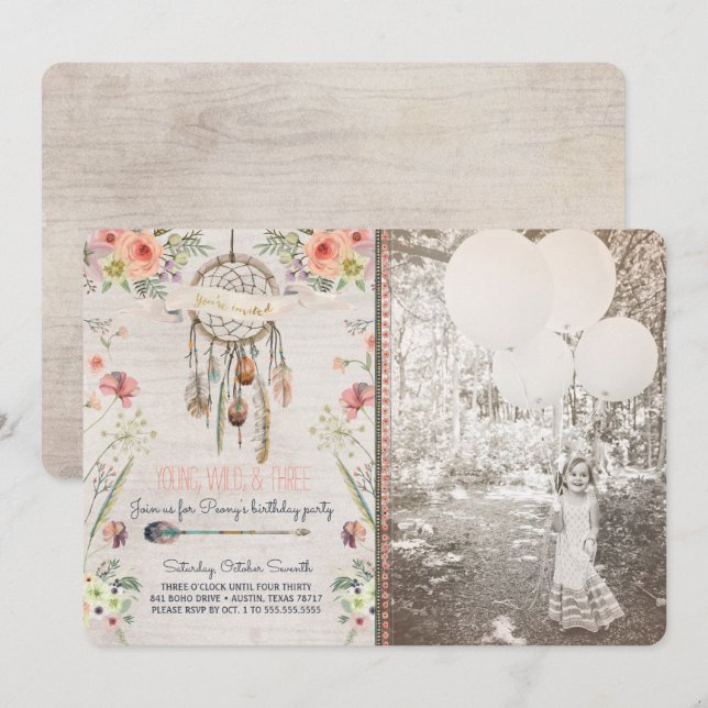 Convite de aniversário chique de Boho Dreamcatcher (Frente/Verso)