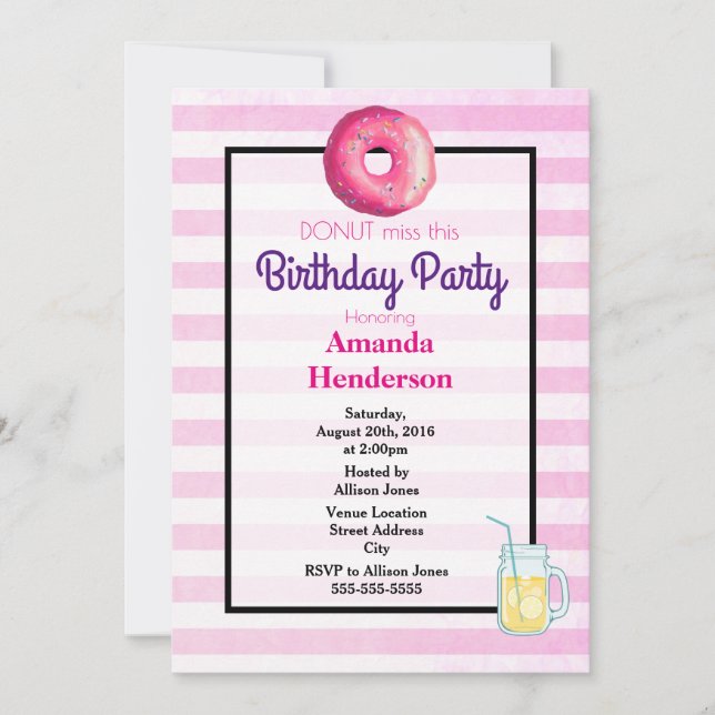 Convite de Aniversário Chique de Donut Rosa e Limo (Frente)