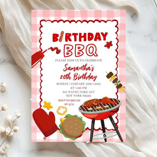 Convite de aniversário churrasco Gingham Vermelho (Criador carregado)