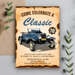 Convite de Aniversário Clássico do Carro Azul Vint<br><div class="desc">Convide seus convidados com esta festa de aniversário antiga, convidando com um belo carro vintage e a tipografia retrorreflectora contra um fundo de pergaminho. Basta adicionar os detalhes do seu evento neste modelo fácil de usar para torná-lo um convite de tipo único. Sacudir a placa para revelar uma textura rústica...</div>