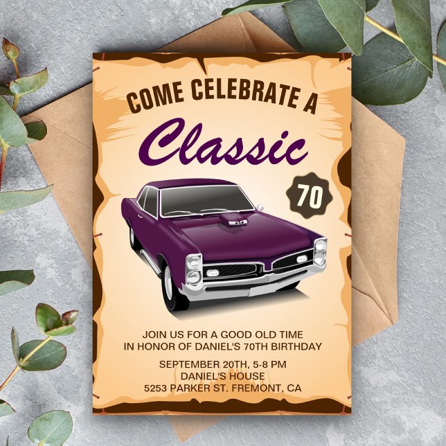 Convite de Aniversário Clássico para Carro Roxo An (Criador carregado)