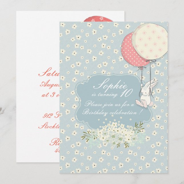 Convite de aniversário coelho voador de primavera (Frente/Verso)