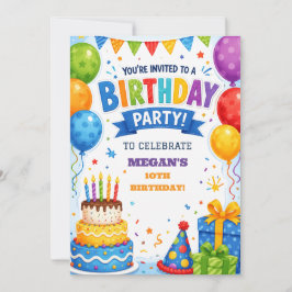 Convite de Aniversário Colorido com Bolo e Balões 