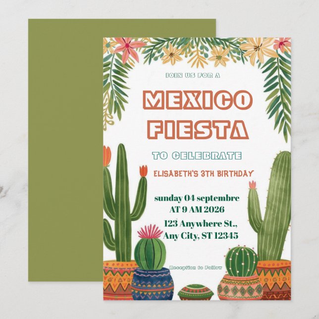 Convite de Aniversário Colorido da Festa Mexicana (Frente/Verso)