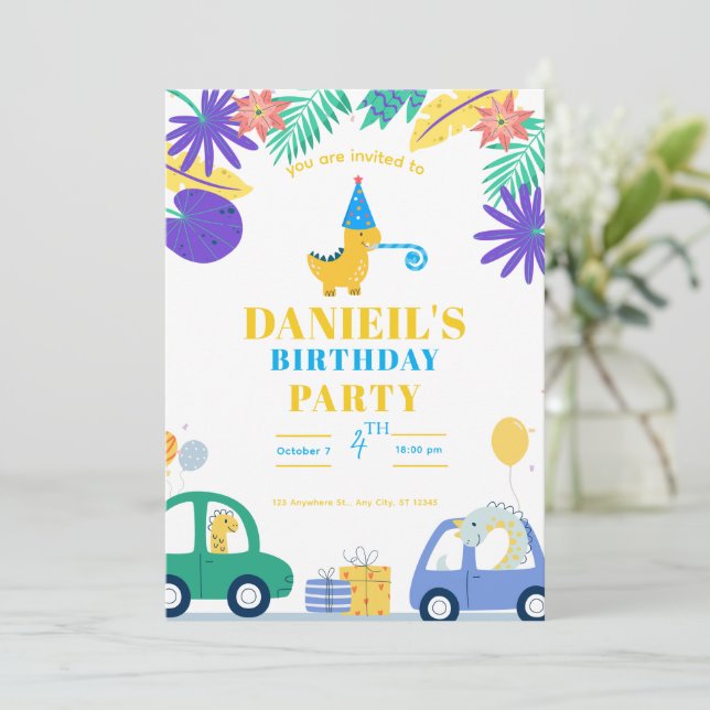Convite de Aniversário Colorido de Dinossauro para (Em pé/Frente)