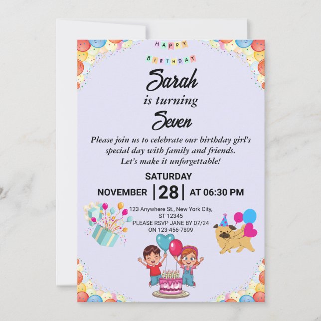 Convite de aniversário Colorido Personalizável (Frente)