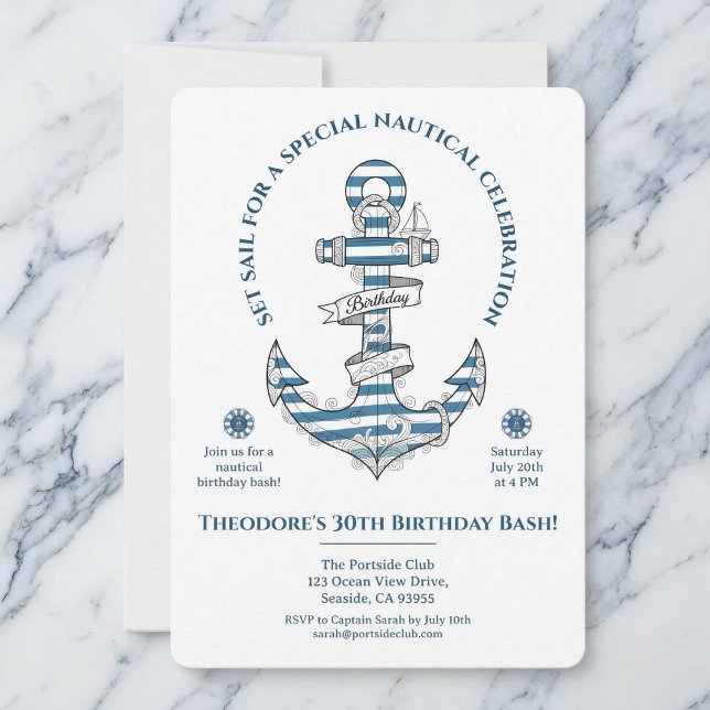 Convite de Aniversário com Âncora Listrada Náutica (Coastal vibes for your special day.)