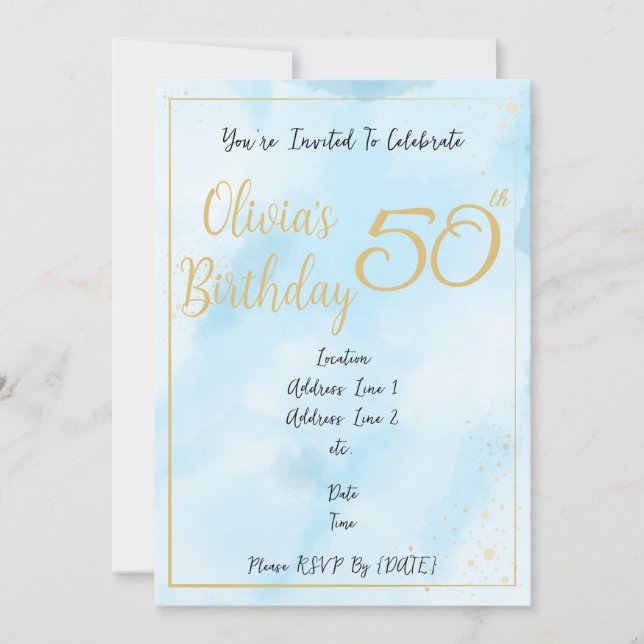 Convite de Aniversário com Aquarela Azul e Borda D (Frente)