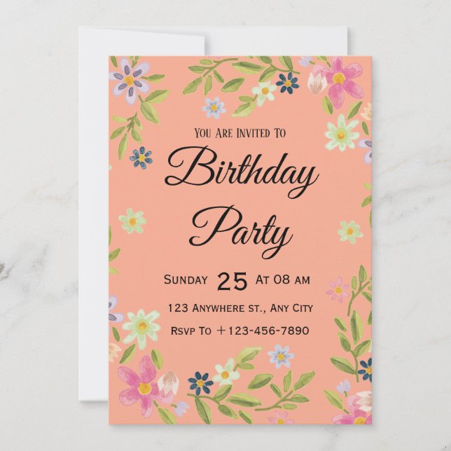 Convite de Aniversário com Aquarela Floral (Frente)