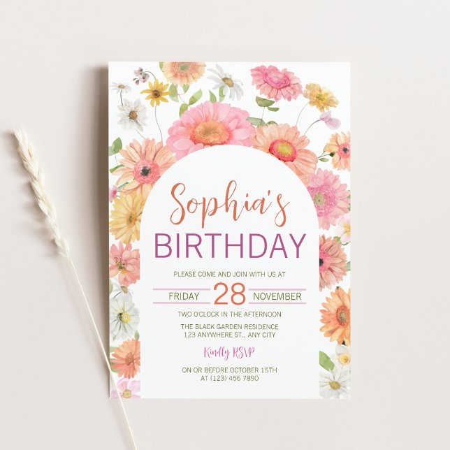 Convite de Aniversário com Arco Floral de Gerbera  (Gerbera Daisy Watercolor Floral Arch Birthday Invitation)