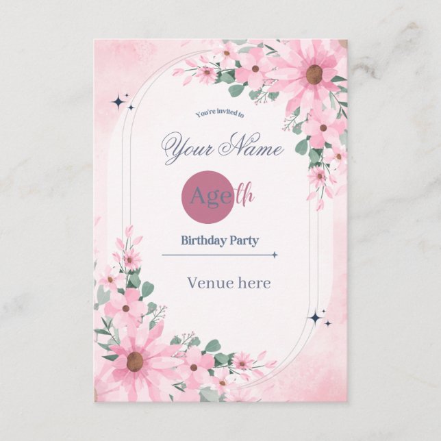 Convite de Aniversário com Arco Floral Rosa (Frente)