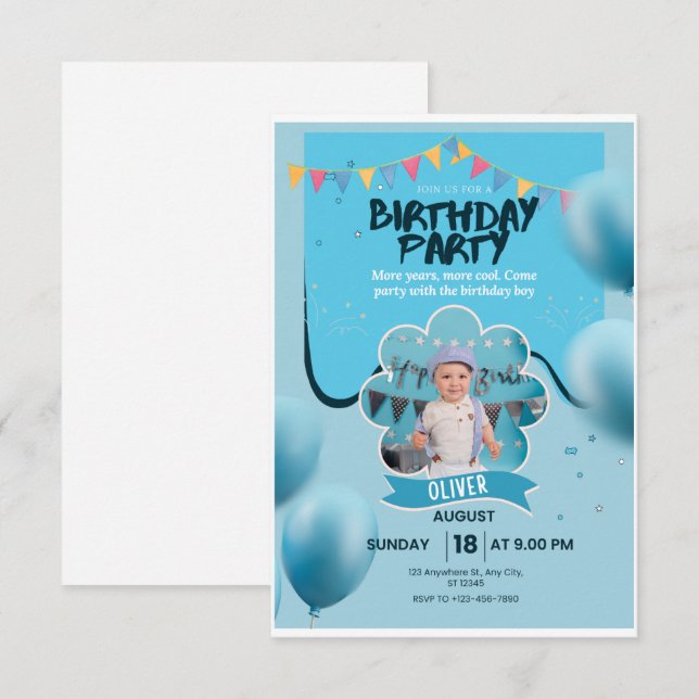 Convite de Aniversário com Balão Azul | (Frente/Verso)