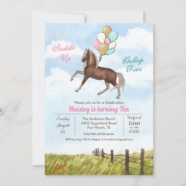 Convite de Aniversário com Balão de Cavalo para QU (Frente)