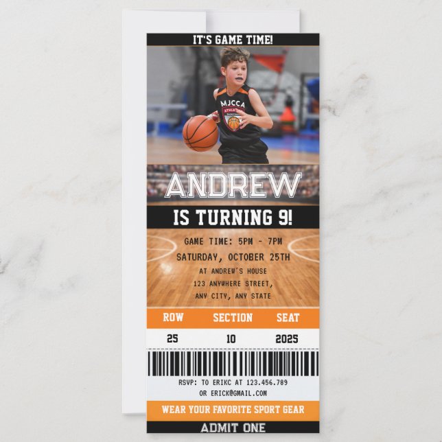 Convite de Aniversário com Bilhete de Basquete e u (Frente)