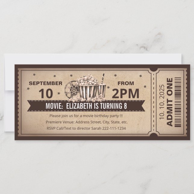 Convite de aniversário com bilhete de cinema retrô (Frente)