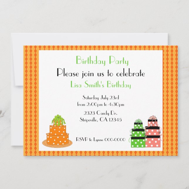 Convite de Aniversário com Bolo de Pontos Orange (Frente)