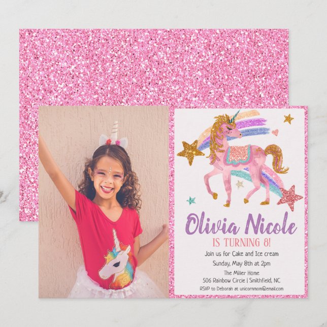 Convite de Aniversário com Brilho de Unicórnio com (Frente/Verso)