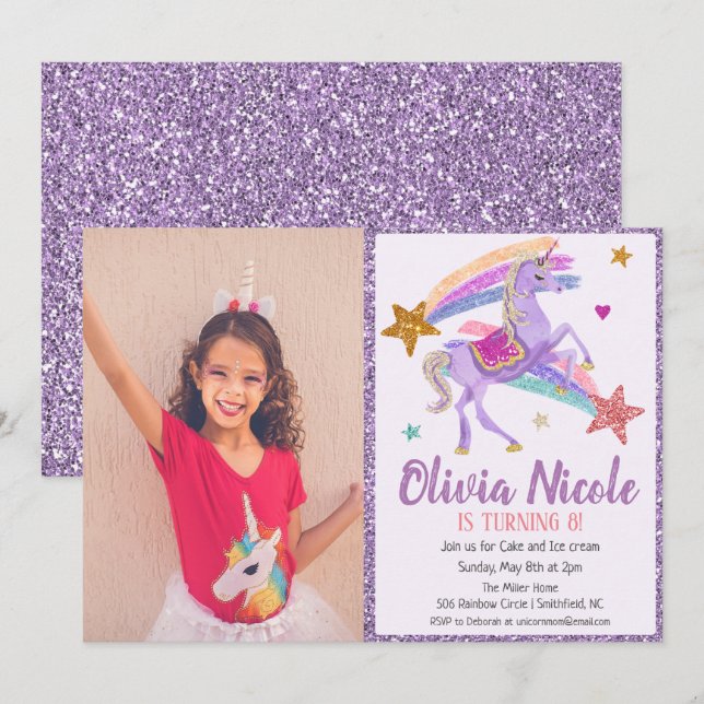 Convite de Aniversário com Brilho de Unicórnio com (Frente/Verso)