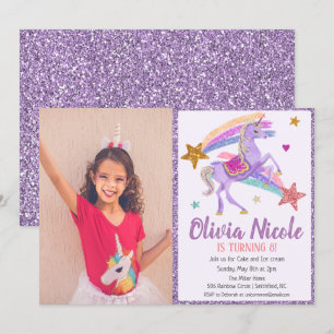 Convite de Aniversário com Brilho de Unicórnio com