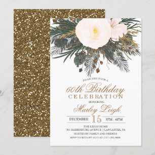 Convite de Aniversário com Brilho Floral de Invern