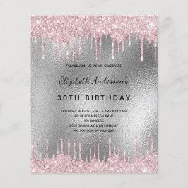 Convite de aniversário com brilho prateado e rosa