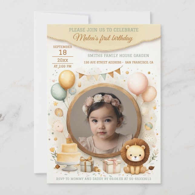 Convite de aniversário com caneca de leão Quadro p (Frente)