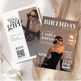 Convite de aniversário com capa de revista moderna