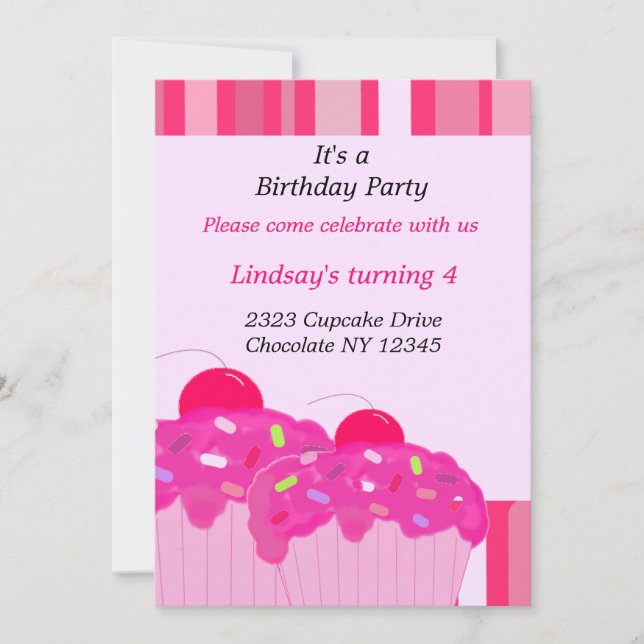 Convite de Aniversário com Cupcakes Rosa (Frente)
