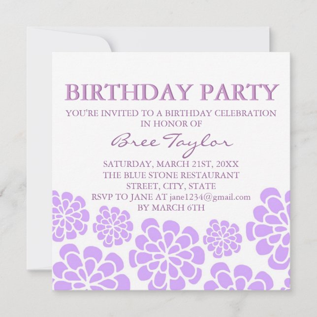 Convite de Aniversário com Design de Flor Roxa Mod (Frente)