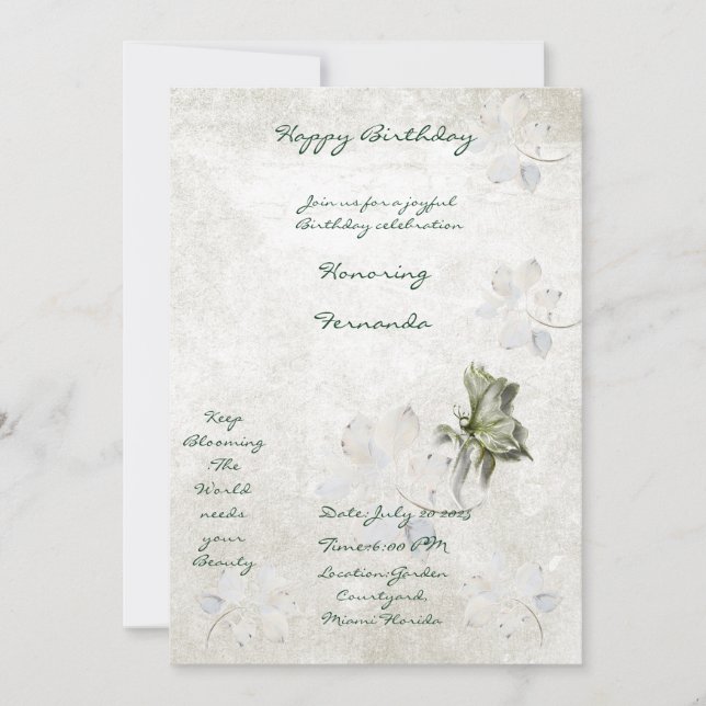 Convite de aniversário com design floral Branco&Ve (Frente)