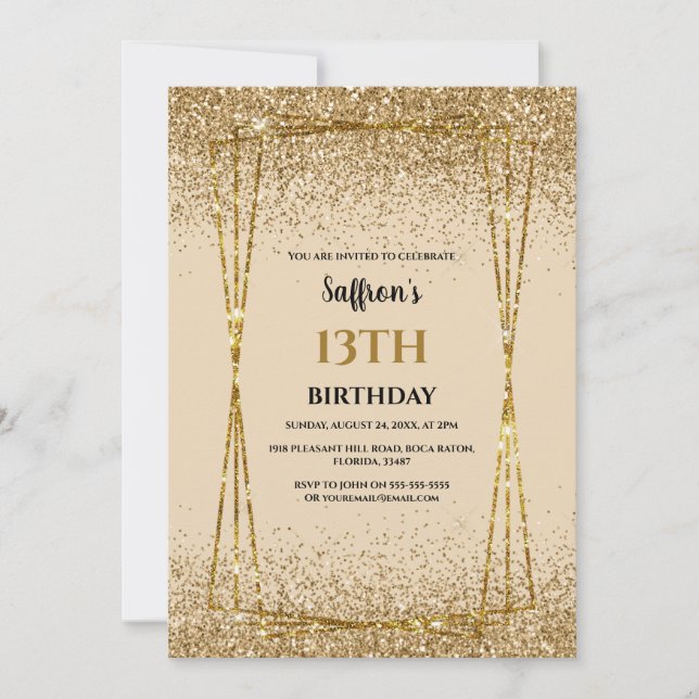 Convite de Aniversário com Efeito Glitter Dourado (Frente)