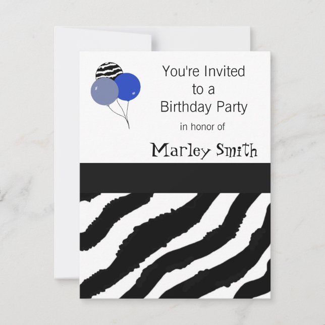 Convite de Aniversário com Estampa de Zebra (Frente)