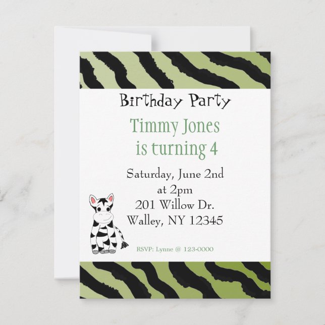 Convite de Aniversário com Estampa de Zebra (Frente)