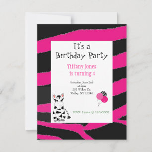 Convite de Aniversário com Estampa de Zebra Rosa