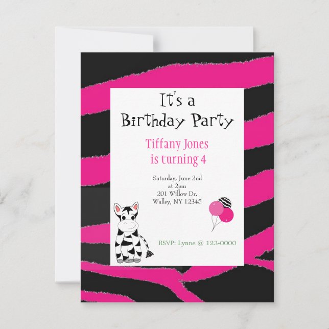 Convite de Aniversário com Estampa de Zebra Rosa (Frente)
