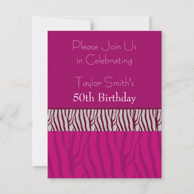 Convite de Aniversário com Estampa de Zebra Rosa Q (Frente)