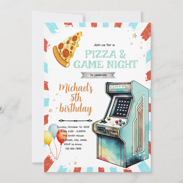 Convite de aniversário com fliperama e pizza (Frente)
