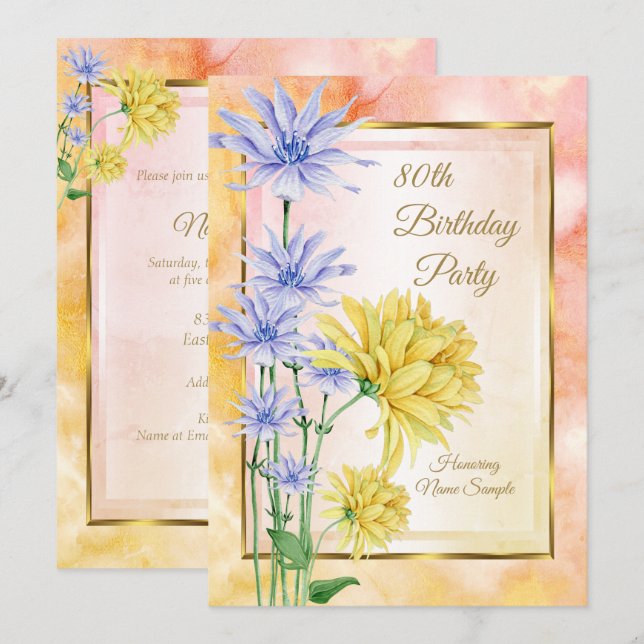 Convite de Aniversário com Flores Azuis Amarelas e (Frente/Verso)