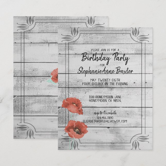 Convite de Aniversário com Flores de Papoula em Ma (Frente/Verso)