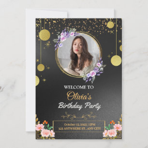 Convite de Aniversário com Flores Preto e Dourado