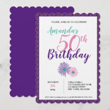 Convite de Aniversário com Flores Rosa e Roxas e E
