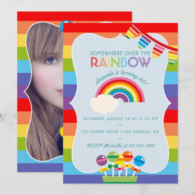 Convite de aniversário com foto da Rainbow Candy (Frente/Verso)