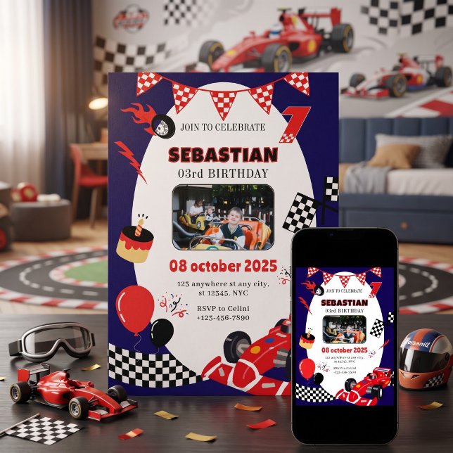 Convite de Aniversário com Foto de Carro de Corrid (Navy & Black Race Birthday Invitation-Custom Photo Invitation)